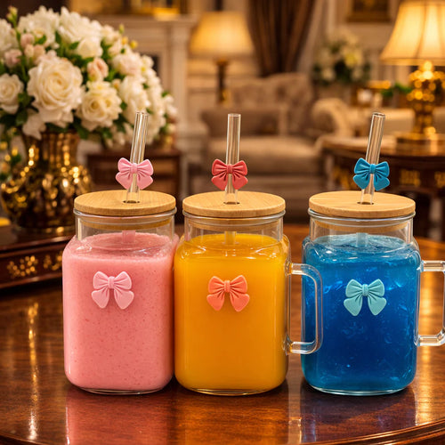 500ml Aesthetic Glass Tumbler, Multicolor Bow Coffee Glass, Bow Pattern Glass With Wooden Lid, Drinkware For Fresh Juices Afnan collection.online